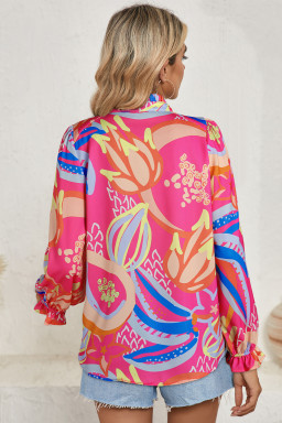Pink Abstract Print Ruffle Sleeve Buttoned V Neck Blouse