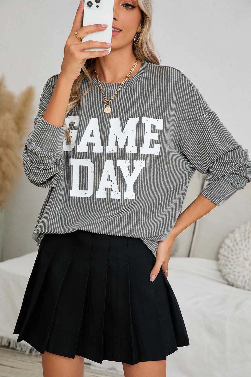 Dark Grey Corded GAME DAY Graphic Long Sleeve Top