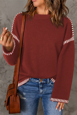 Red Dahlia Color Contrast Trim Drop Shoulder Crew Neck Sweater
