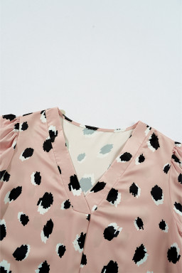 Khaki Leopard V Neck Bracelet Sleeve Blouse