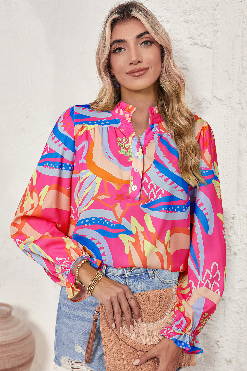 Pink Abstract Print Ruffle Sleeve Buttoned V Neck Blouse