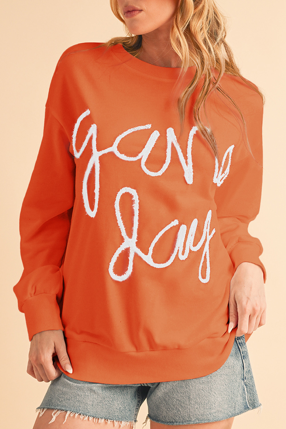Russet Orange Tinsel Game Day Drop Shoulder Sweatshirt