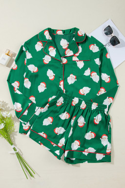 Green Christmas Santa Claus Satin Shirt and Shorts Pajama Set