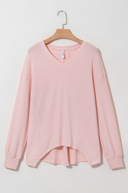Light Pink Waffle V Neck Drop Shoulder Long Sleeve Loose Top