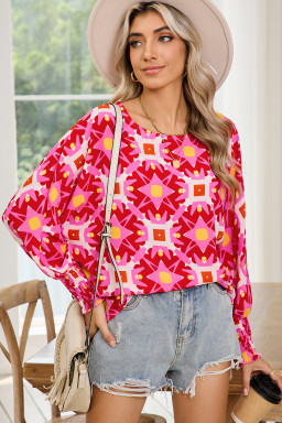 Strawberry Pink Abstract Print Shirred Cuff Loose Blouse
