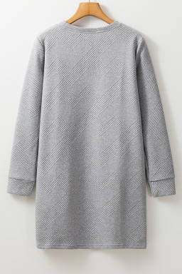 Gray Solid Color Textured Long Sleeve Shift Short Dress
