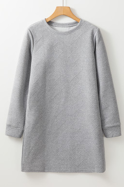 Gray Solid Color Textured Long Sleeve Shift Short Dress