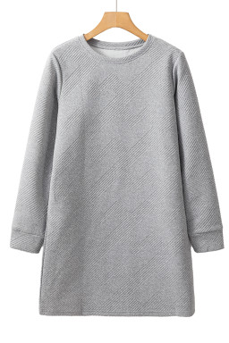 Gray Solid Color Textured Long Sleeve Shift Short Dress