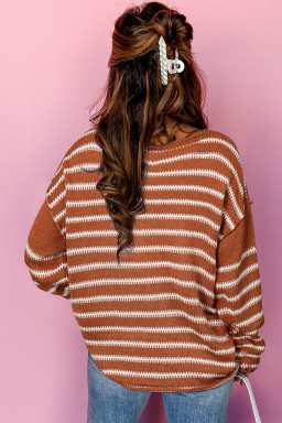 Brown Stripe Casual Round Neck Drop Shoulder Sweater