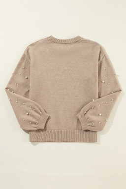 Smoke Gray Pearl Drop Shoulder Round Neck Sweater