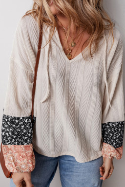 Beige Floral Patchwork Textured Drawstring V Neck Top
