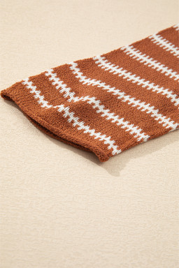 Brown Stripe Casual Round Neck Drop Shoulder Sweater