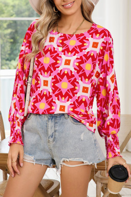 Strawberry Pink Abstract Print Shirred Cuff Loose Blouse