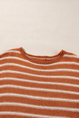 Brown Stripe Casual Round Neck Drop Shoulder Sweater