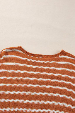 Brown Stripe Casual Round Neck Drop Shoulder Sweater