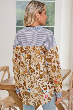 Light French Beige Colorful Leopard Print Striped Patchwork Shirt