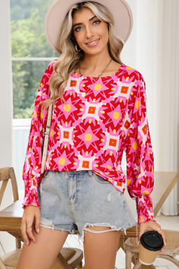 Strawberry Pink Abstract Print Shirred Cuff Loose Blouse
