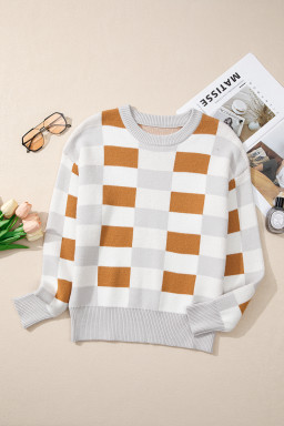 Khaki Checkered Crew Neck Drop Shoulder Knit Sweater