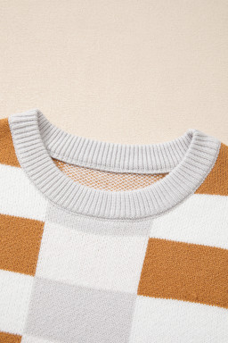 Khaki Checkered Crew Neck Drop Shoulder Knit Sweater