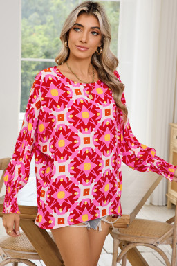 Strawberry Pink Abstract Print Shirred Cuff Loose Blouse