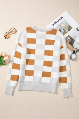 Khaki Checkered Crew Neck Drop Shoulder Knit Sweater