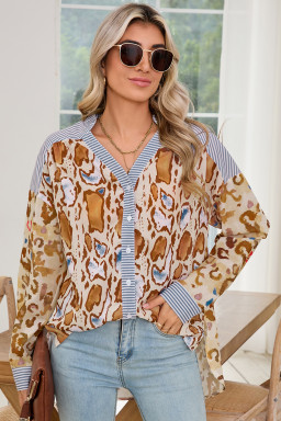 Light French Beige Colorful Leopard Print Striped Patchwork Shirt