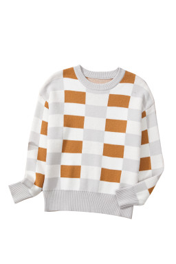 Khaki Checkered Crew Neck Drop Shoulder Knit Sweater