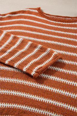 Brown Stripe Casual Round Neck Drop Shoulder Sweater
