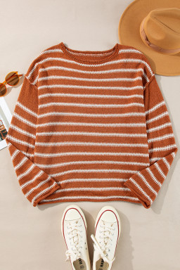 Brown Stripe Casual Round Neck Drop Shoulder Sweater