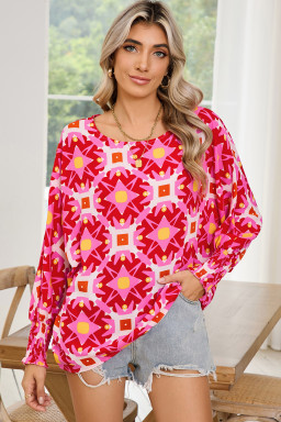Strawberry Pink Abstract Print Shirred Cuff Loose Blouse