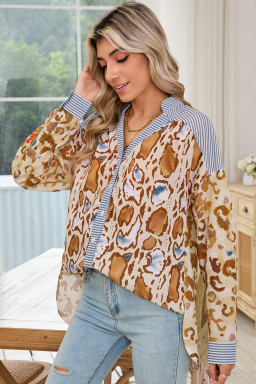 Light French Beige Colorful Leopard Print Striped Patchwork Shirt