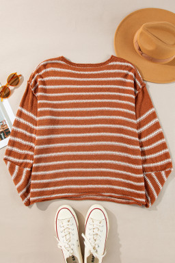Brown Stripe Casual Round Neck Drop Shoulder Sweater