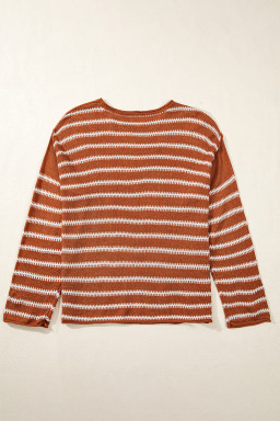 Brown Stripe Casual Round Neck Drop Shoulder Sweater