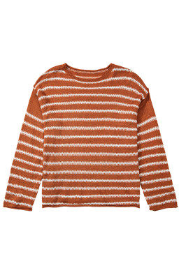 Brown Stripe Casual Round Neck Drop Shoulder Sweater