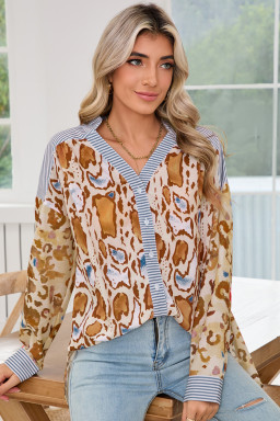 Light French Beige Colorful Leopard Print Striped Patchwork Shirt