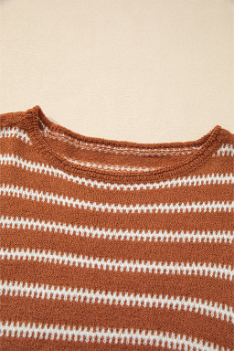 Brown Stripe Casual Round Neck Drop Shoulder Sweater
