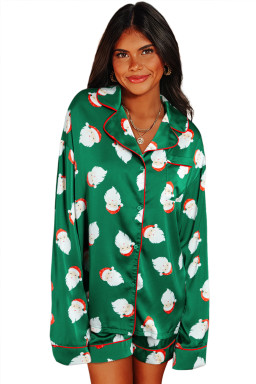 Green Christmas Santa Claus Satin Shirt and Shorts Pajama Set