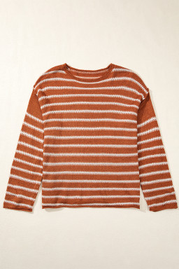 Brown Stripe Casual Round Neck Drop Shoulder Sweater