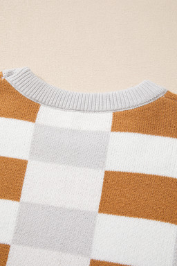 Khaki Checkered Crew Neck Drop Shoulder Knit Sweater