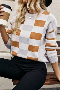 Khaki Checkered Crew Neck Drop Shoulder Knit Sweater