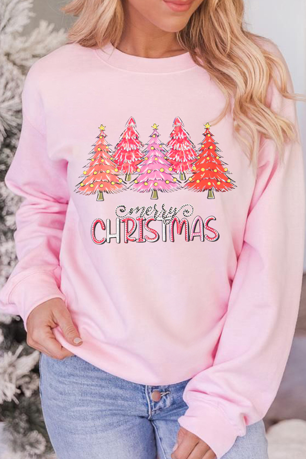 Pink Merry Christmas Tree Graphic Sweatshirt