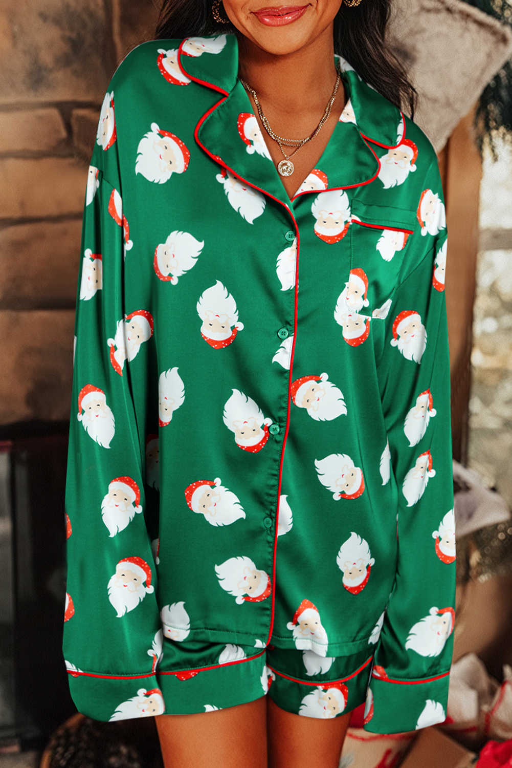 Green Christmas Santa Claus Satin Shirt and Shorts Pajama Set