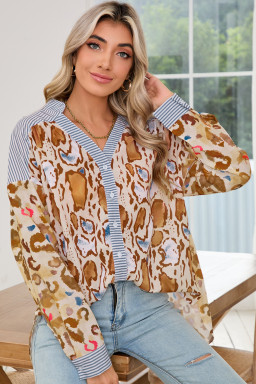 Light French Beige Colorful Leopard Print Striped Patchwork Shirt