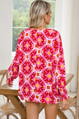 Strawberry Pink Abstract Print Shirred Cuff Loose Blouse