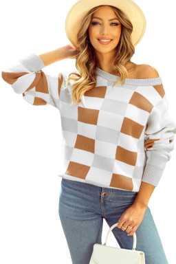 Khaki Checkered Crew Neck Drop Shoulder Knit Sweater