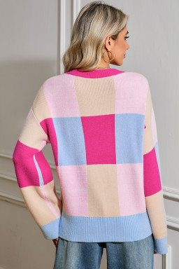 Rose Red Color Block Drop Shoulder Loose Fit Sweater