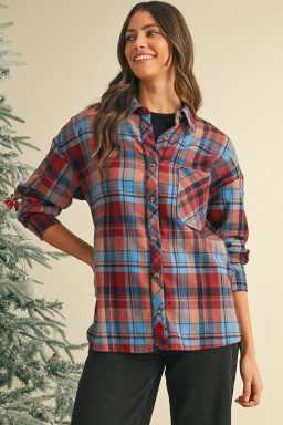 Red Plaid Print Drop Sleeve Loose Shirt Shacket