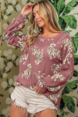 Rose Red Animal Print Drop Sleeve Pullover Sweatshirt
