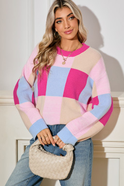 Rose Red Color Block Drop Shoulder Loose Fit Sweater
