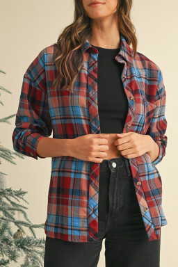 Red Plaid Print Drop Sleeve Loose Shirt Shacket